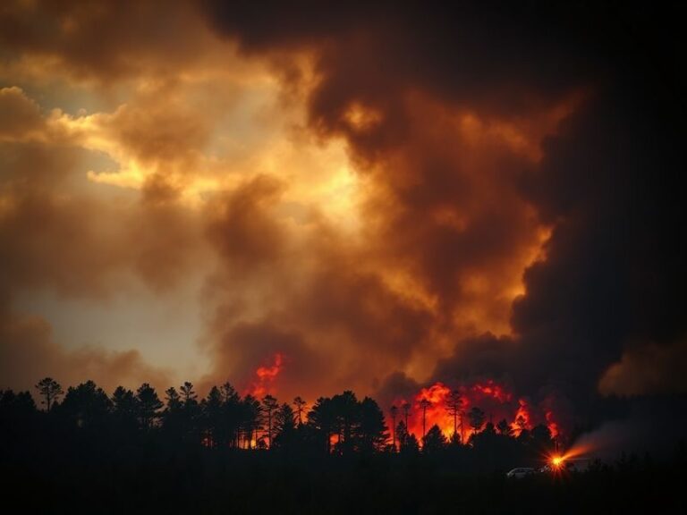 Aerial view of a smoldering wildfire in a wooded area near a river, with firefighters and helicopters actively battling the f