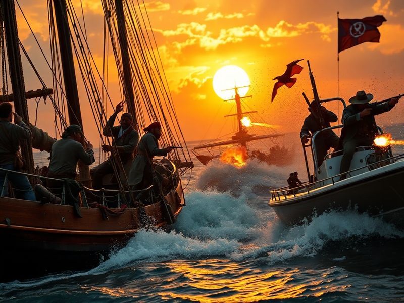 A split-image illustration showing a pirate on a ship in stormy seas on one side, and a ranger in tactical gear hiking throug