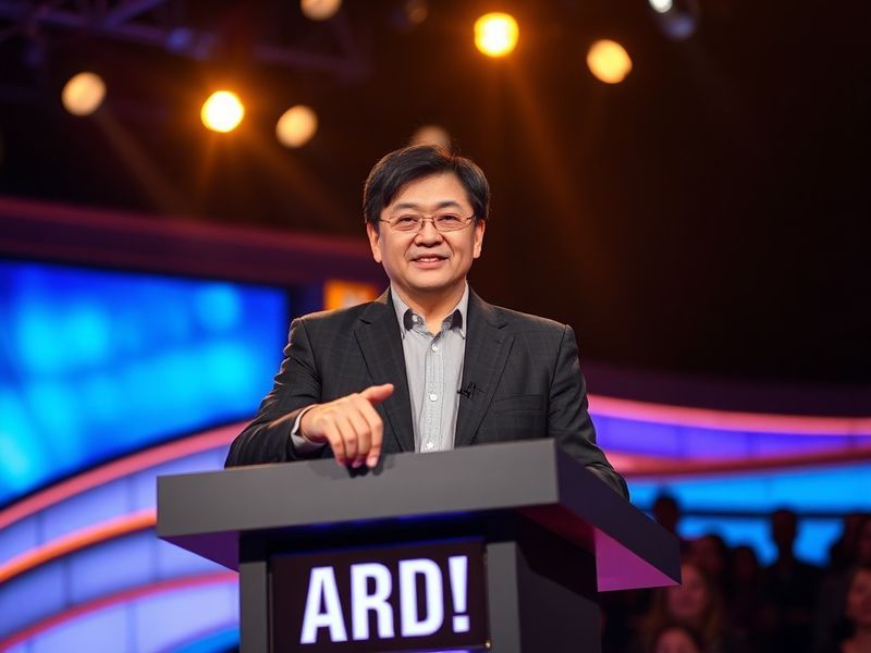 A split-screen image: on the left, Jamie Ding in mid-clue response, wearing a blue blazer with a confident expression; on the