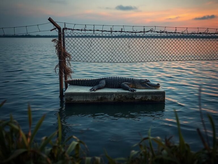 Aerial view of a large, isolated alligator enclosure surrounded by dense Florida swamp vegetation, with a few massive adult a