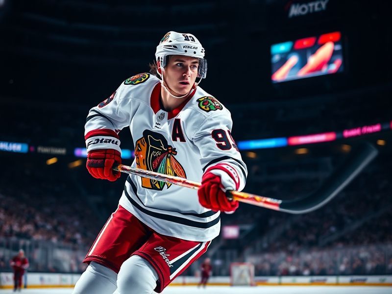 Brandon Hagel in a Blackhawks jersey mid-game, skating with focus, surrounded by teammates and opponents in a packed NHL aren