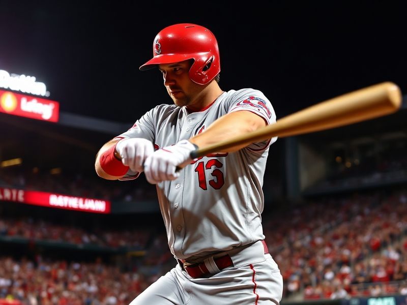 Randal Grichuk in a St. Louis Cardinals uniform, mid-swing during a game at Busch Stadium, with a focused expression and the