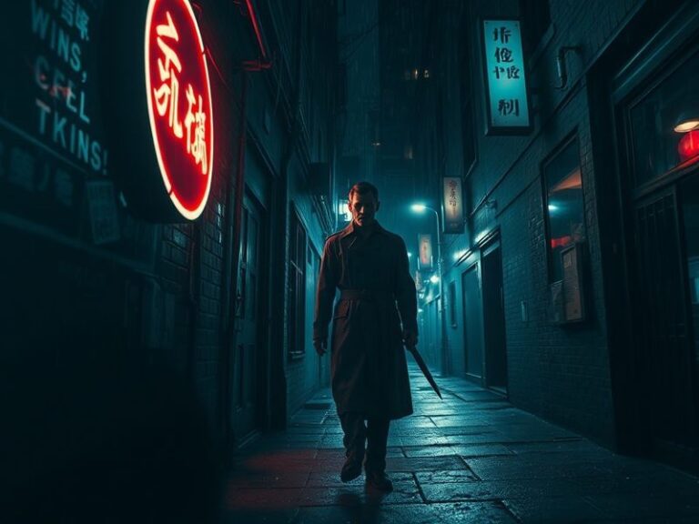 A moody cinematic collage featuring a protagonist in shadow, holding a weapon, surrounded by shattered glass and flickering n