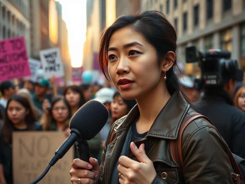 A vibrant, cinematic portrait of Jamie Ding in a modern urban setting, surrounded by subtle cultural elements like a laptop d