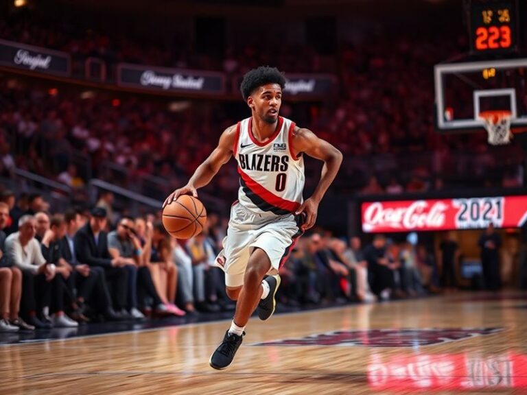 A dynamic action shot of Scoot Henderson in a Portland Trail Blazers uniform, mid-dribble with a focused expression, surround