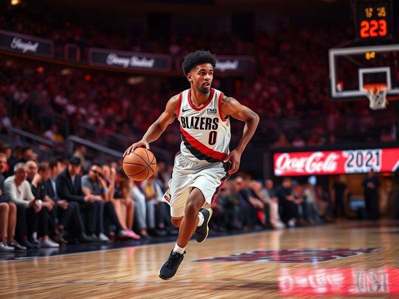 A dynamic action shot of Scoot Henderson in a Portland Trail Blazers uniform, mid-dribble with a focused expression, surround