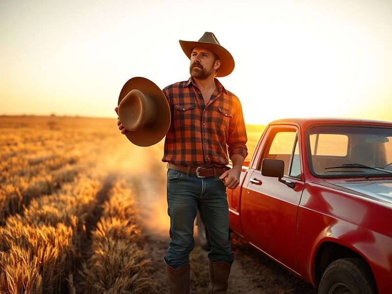 A sunlit farm scene with a farmer and a city contestant walking through a golden wheat field, laughing together. The backgrou