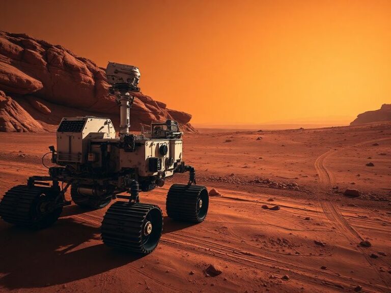 An illustration of NASA's Curiosity rover on the rocky, reddish surface of Mars, with a detailed view of its drill collecting