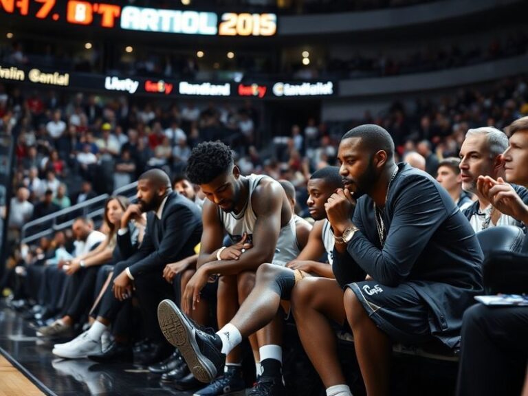 A dynamic action shot of Victor Wembanyama mid-game, wearing Spurs jersey, with concerned teammates and medical staff in the