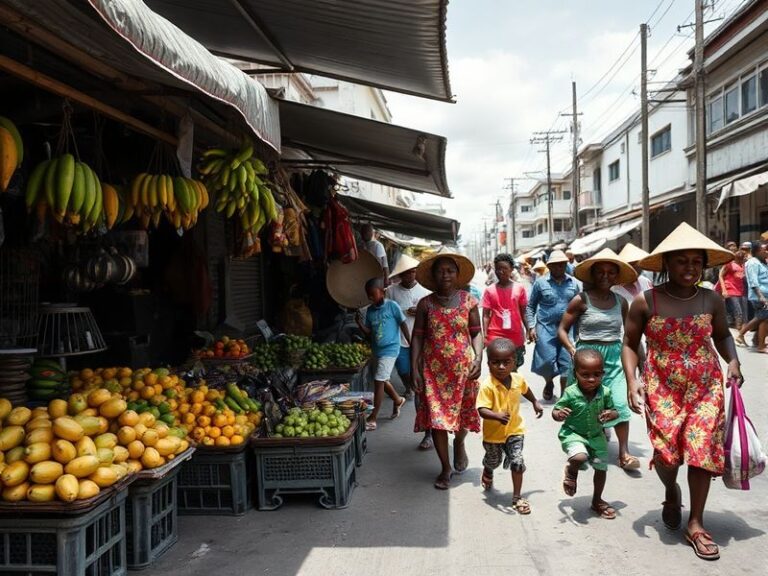 A vibrant street scene in Port-au-Prince, Haiti, showcasing colorful murals, traditional architecture, and people engaged in