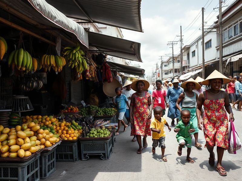 A vibrant street scene in Port-au-Prince, Haiti, showcasing colorful murals, traditional architecture, and people engaged in
