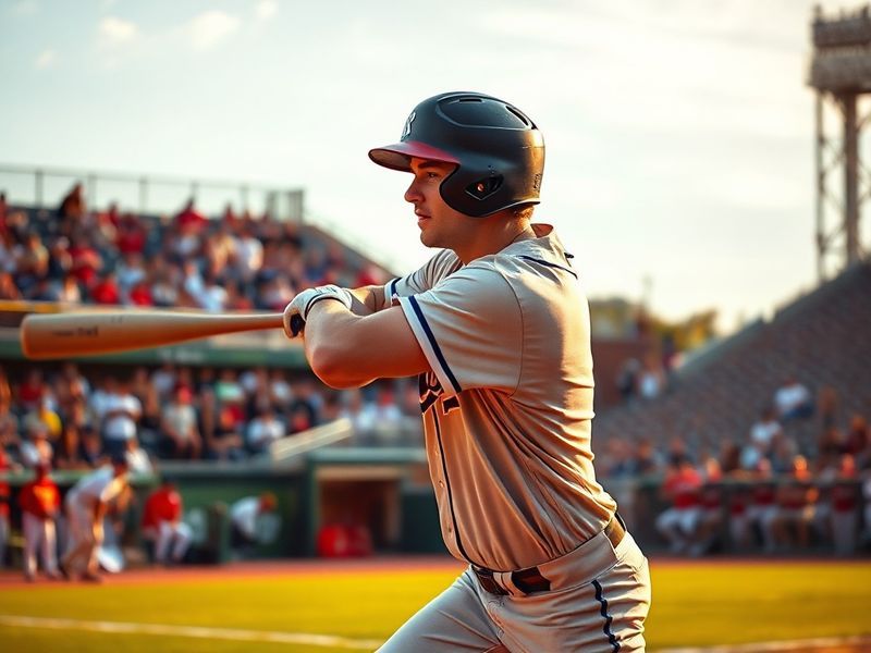 A dynamic action shot of Chase DeLauter mid-swing on a baseball field, bat blurred in motion, wearing a navy blue uniform wit