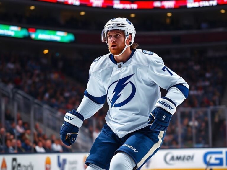 A dynamic action shot of Victor Hedman in a Tampa Bay Lightning uniform, skating with the puck during a game, with a focused