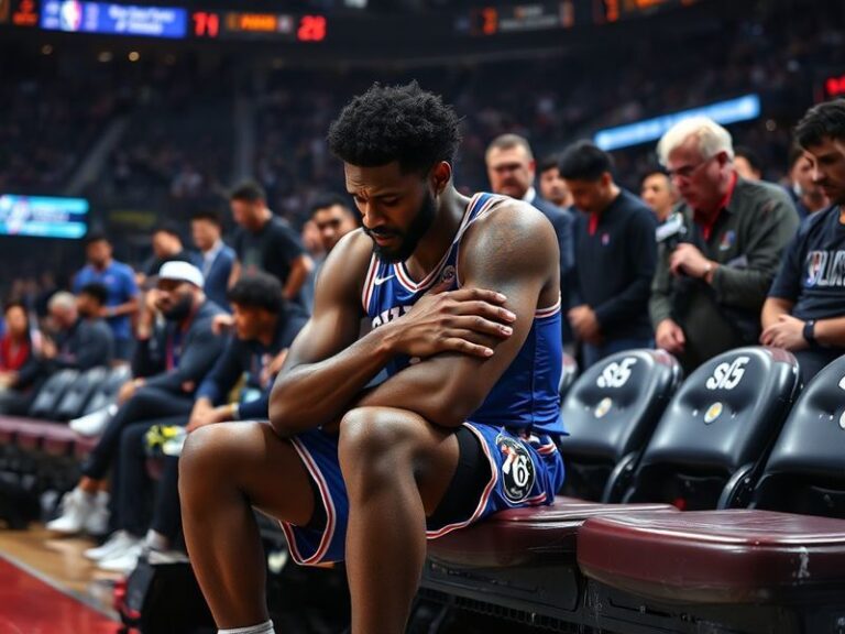 A tense moment on an NBA court: Joel Embiid clutching his left knee in pain after an injury, surrounded by concerned teammate