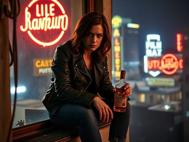 A moody, cinematic shot of Jessica Jones (Krysten Ritter) standing in a dimly lit alley, her expression weary yet determined.