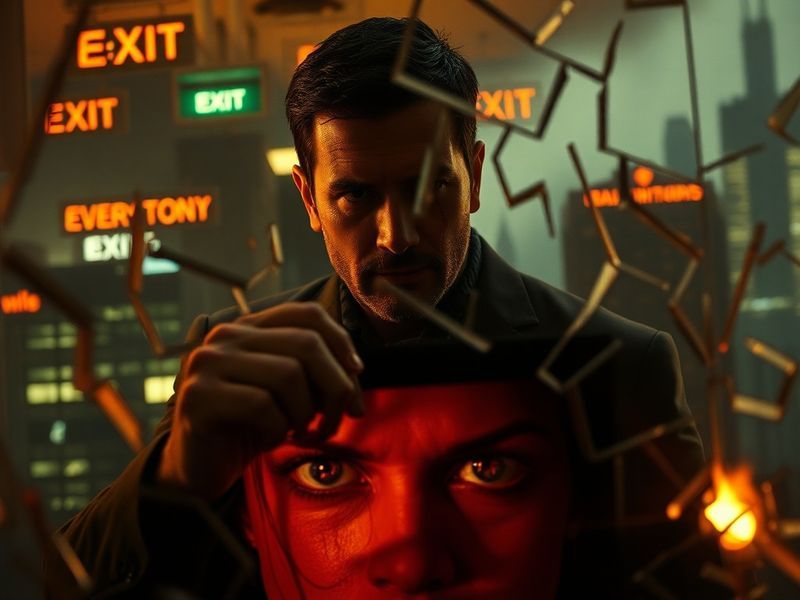 A cinematic shot of Homelander hovering over a city skyline at dusk, with dark clouds swirling around him. The scene is bathe