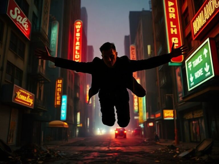 A dark, cinematic shot of The Boys Season 5 Episode 4, featuring Homelander in a shattered Vought logo with a dystopian citys