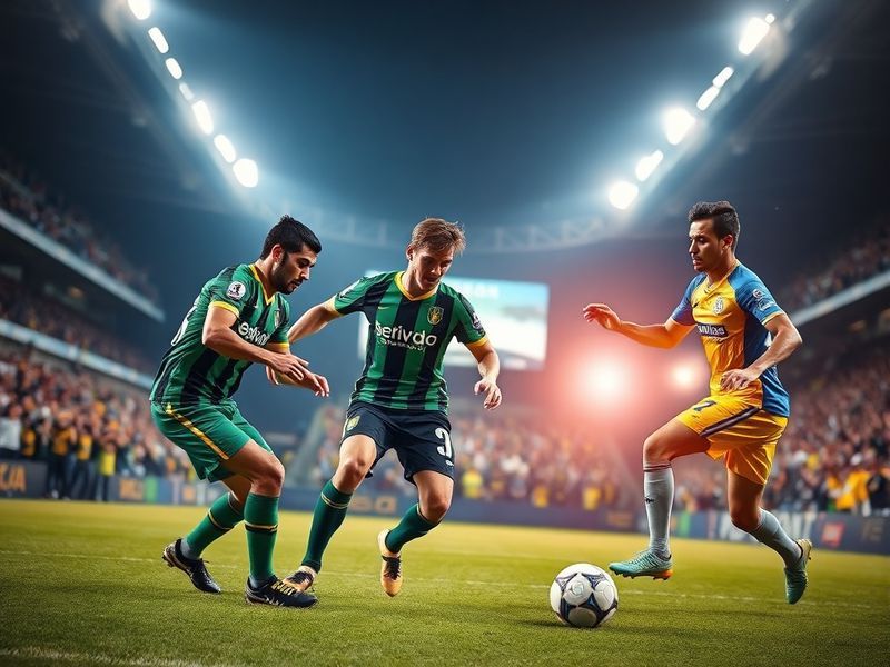 A vibrant stadium scene at Estadio León during a night match, with fans in red and gold (Club León) and blue and yellow (Club