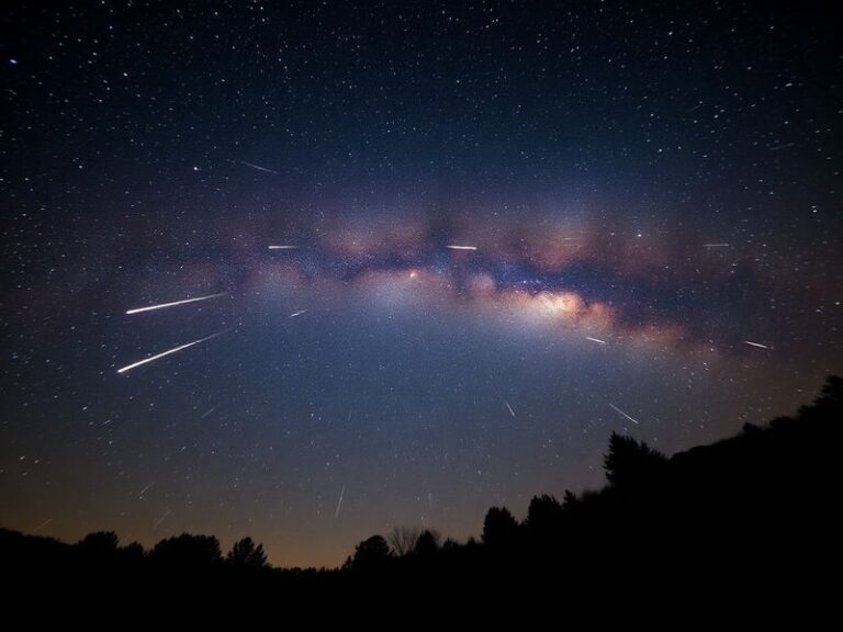 A serene night sky over a dark landscape, with multiple bright meteor streaks radiating from the constellation Lyra. The scen
