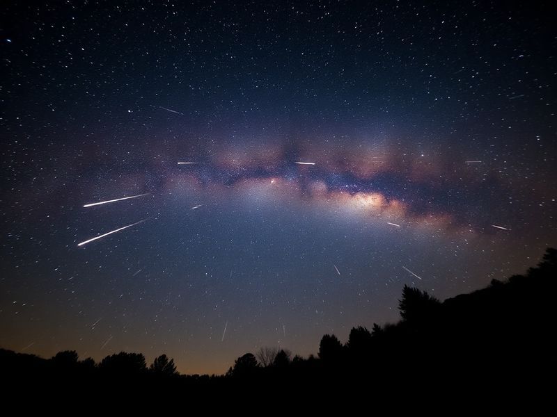 A serene night sky over a dark landscape, with multiple bright meteor streaks radiating from the constellation Lyra. The scen