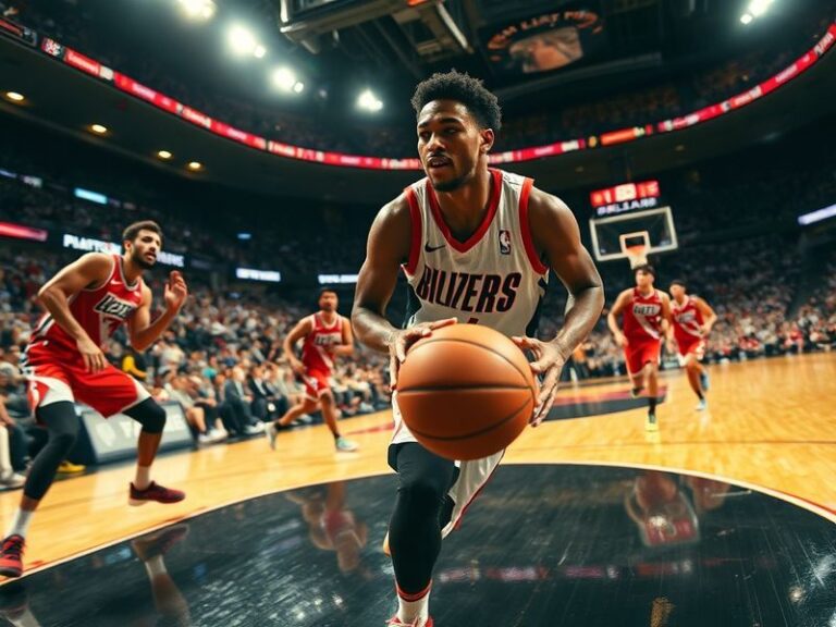 A dynamic action shot of Scoot Henderson in a Portland Trail Blazers uniform, mid-dribble with a determined expression, surro