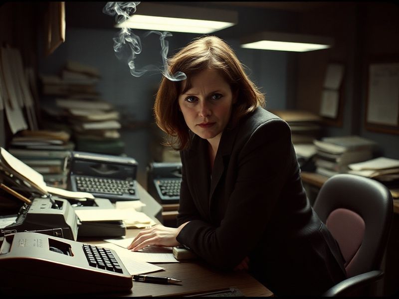 A split-image portrait of Jennifer Jason Leigh in her iconic roles: as a 1980s teen in a pastel jacket, as a 1990s journalist