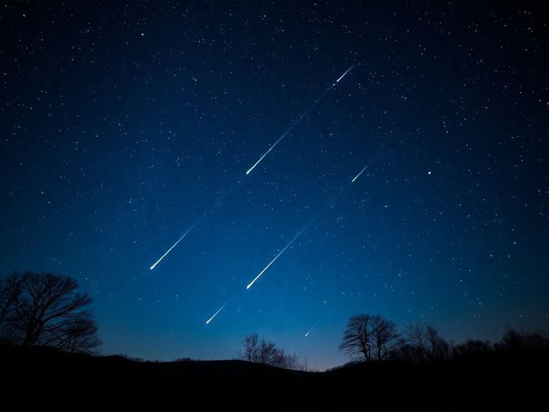A wide-angle night-sky photograph taken from a dark-sky location, showing multiple Lyrid meteors streaking across a star-fill