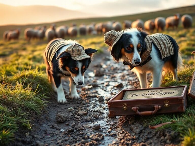 A pastoral scene featuring a group of sheep standing in a misty field, with one sheep snout close to the ground as if sniffin