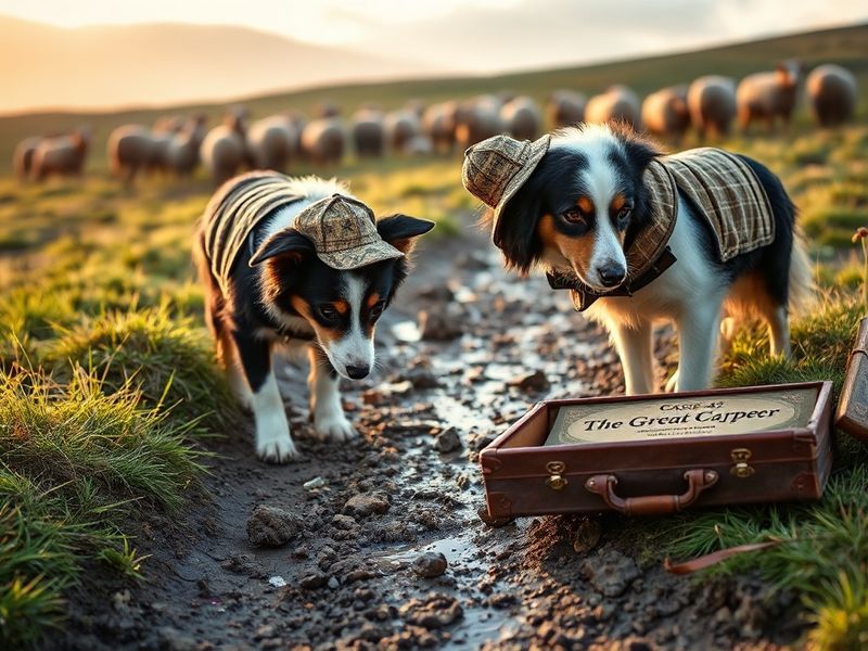 A pastoral scene featuring a group of sheep standing in a misty field, with one sheep snout close to the ground as if sniffin