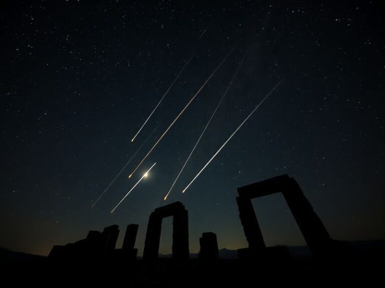 A wide-angle night sky photograph featuring the Lyrid meteor shower, with meteors streaking above a serene landscape with sil