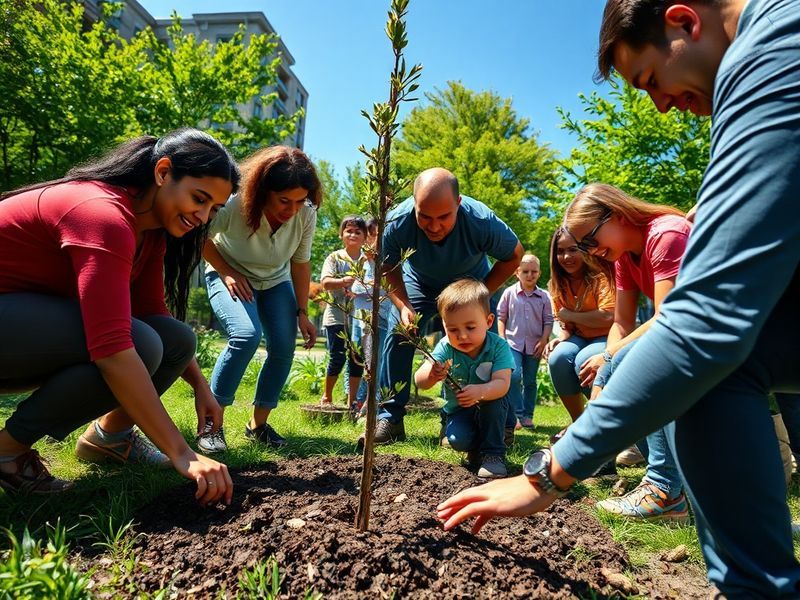 A diverse group of people planting trees in a reforestation project, with a banner reading 'Earth Day 2024: Planet vs Plastic