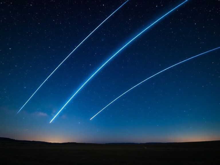 A wide-angle night sky photograph showing multiple bright meteor streaks over a dark landscape with silhouetted trees and a f