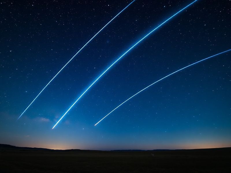 A wide-angle night sky photograph showing multiple bright meteor streaks over a dark landscape with silhouetted trees and a f