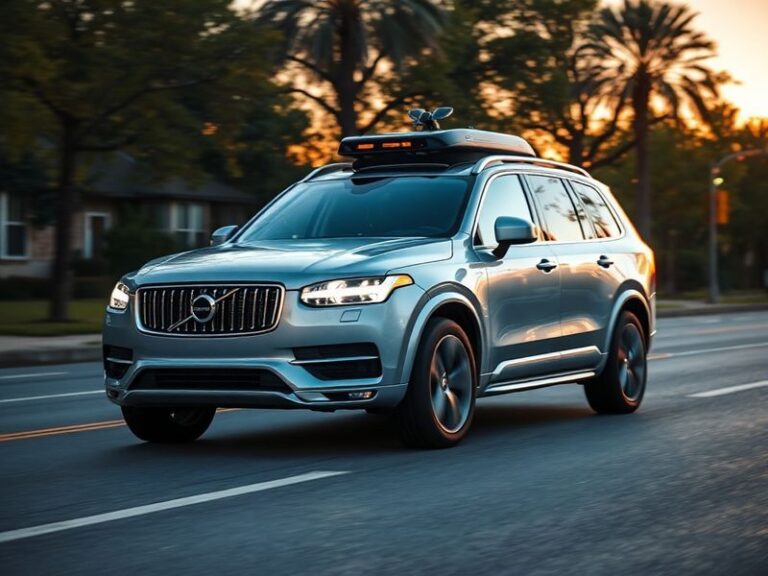 A futuristic Uber self-driving car navigating a city street at dusk, surrounded by urban traffic, with glowing blue autonomou