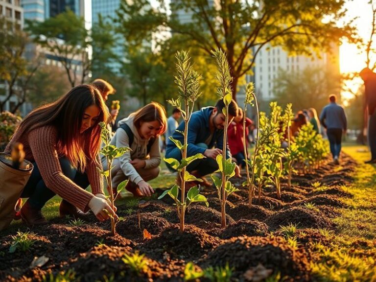A diverse group of people participating in a community cleanup event on Earth Day, with green trees and blue sky in the backg