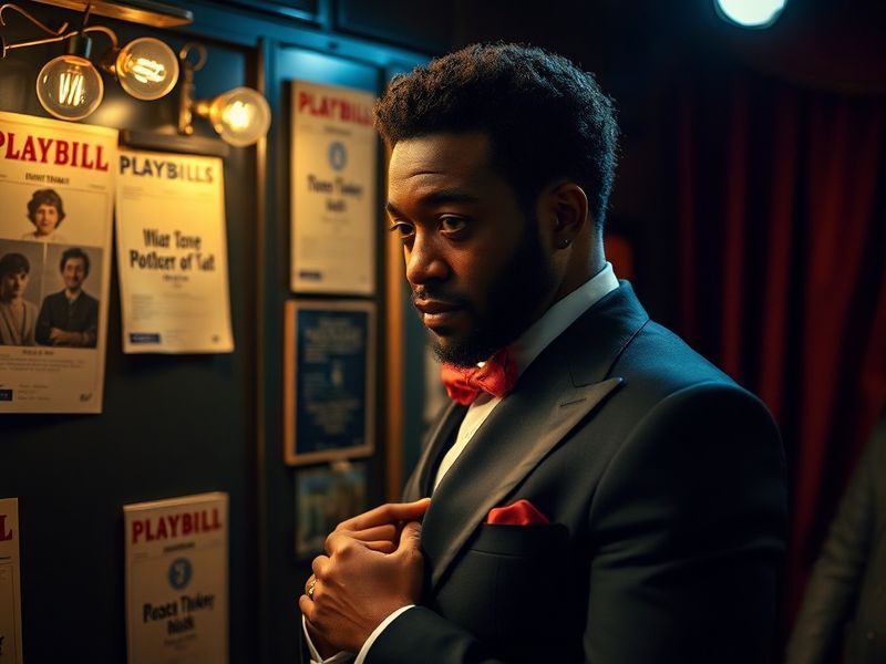 A dynamic portrait of Ot Fagbenle on a film set, dressed in a stylish yet understated outfit, standing between a vintage micr