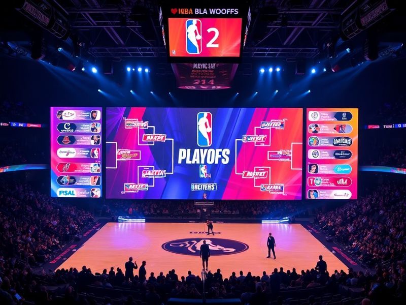 A split-screen image showing an intense NBA playoff game with a global audience watching on various devices. The left side fe