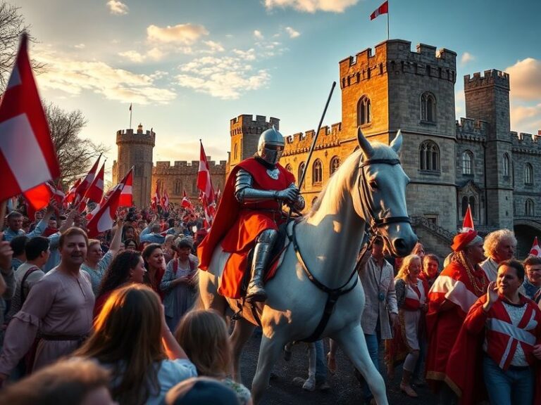 A vibrant scene of St George’s Day celebrations in England: a red and white flag waving over a medieval-style village fair, w