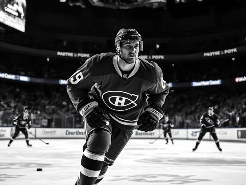 A focused action shot of Nicolas Roy in a Carolina Hurricanes jersey, mid-play on the ice with a determined expression, empha