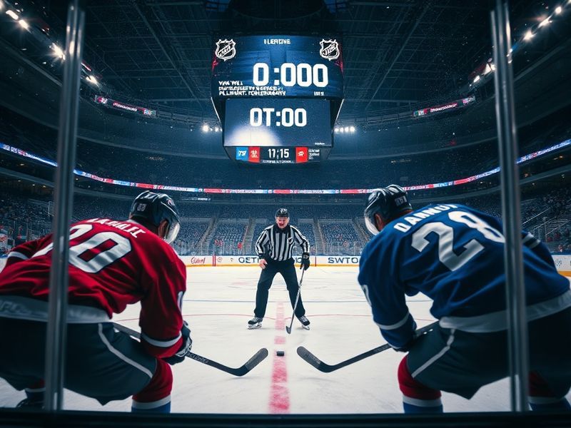 A tense moment from an NHL playoff game in sudden-death overtime, featuring players battling hard in front of a packed arena