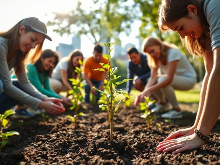 A diverse group of people planting trees in an urban park, with sunlight filtering through green leaves, representing communi