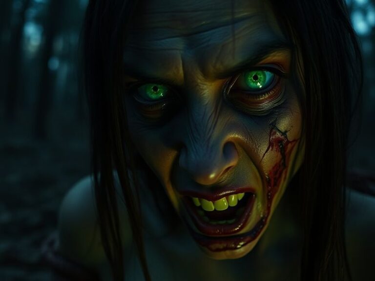 A dark, moody shot of a high-rise apartment building at night, with eerie green lighting illuminating shattered windows and d