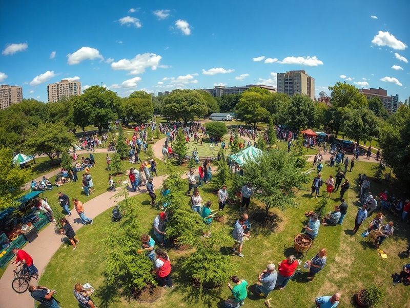 A diverse group of people planting trees in a reforestation project, with Earth Day logos visible on banners. The scene is se