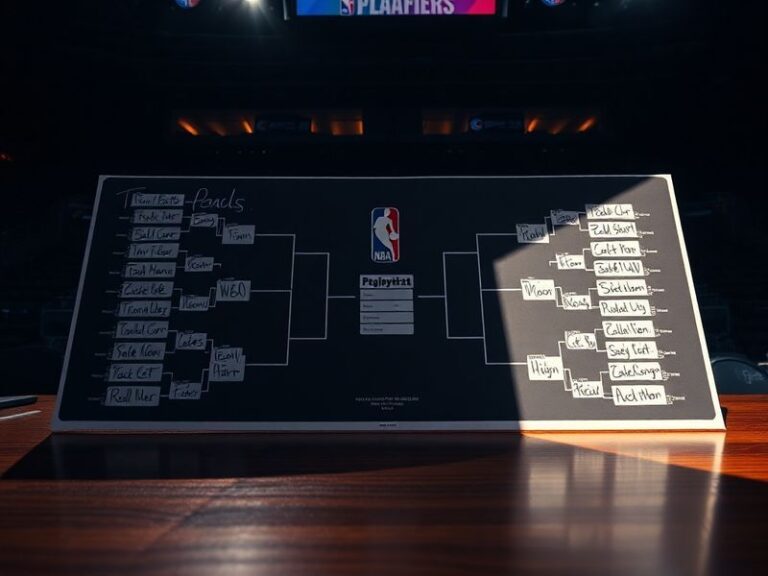 A split-screen image: left side shows a blank playoff bracket with team logos, right side shows a packed NBA arena during a p