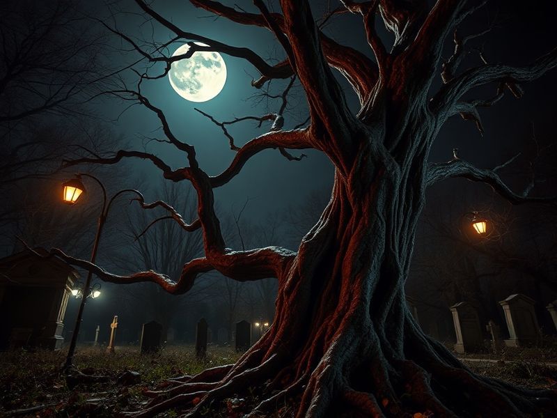 A dark, neon-lit apartment building with flickering lights and a demonic face emerging from a door, capturing the film's urba