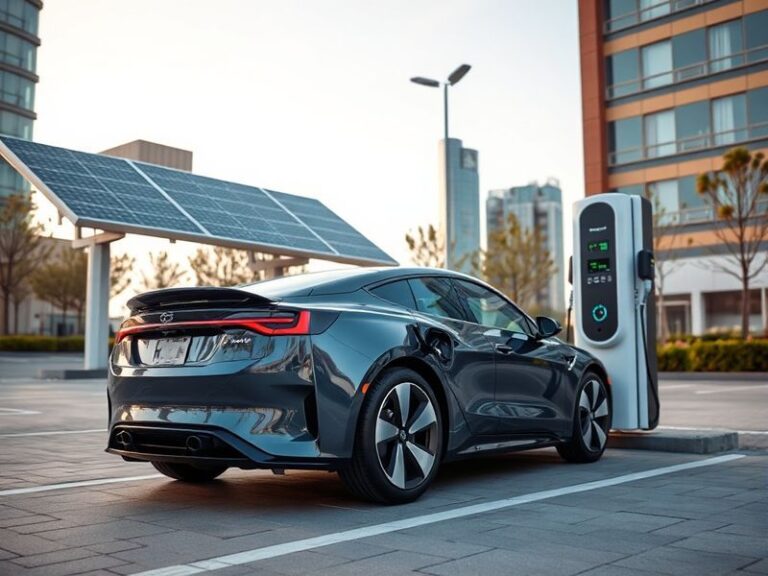 A futuristic cityscape at dusk with sleek electric cars charging at modern stations, neon signs reflecting on wet streets, an