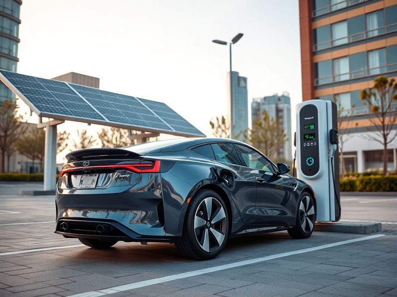 A futuristic cityscape at dusk with sleek electric cars charging at modern stations, neon signs reflecting on wet streets, an