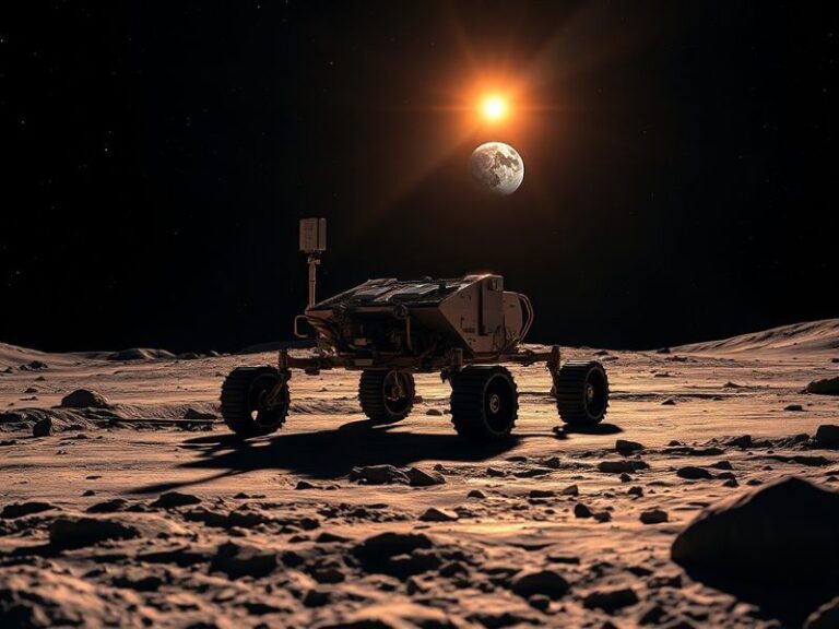 A futuristic depiction of a lunar base with astronauts and rovers exploring the Moon's surface, Earth visible in the backgrou