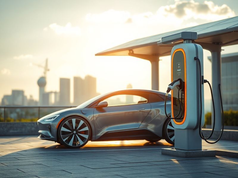 A modern electric vehicle charging at a futuristic urban charging station, with city skyline in background. The scene shows b
