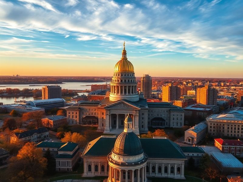 A vibrant cityscape of Madison, Wisconsin showing the State Capitol dome at dusk with the Memorial Union Terrace in the foreg